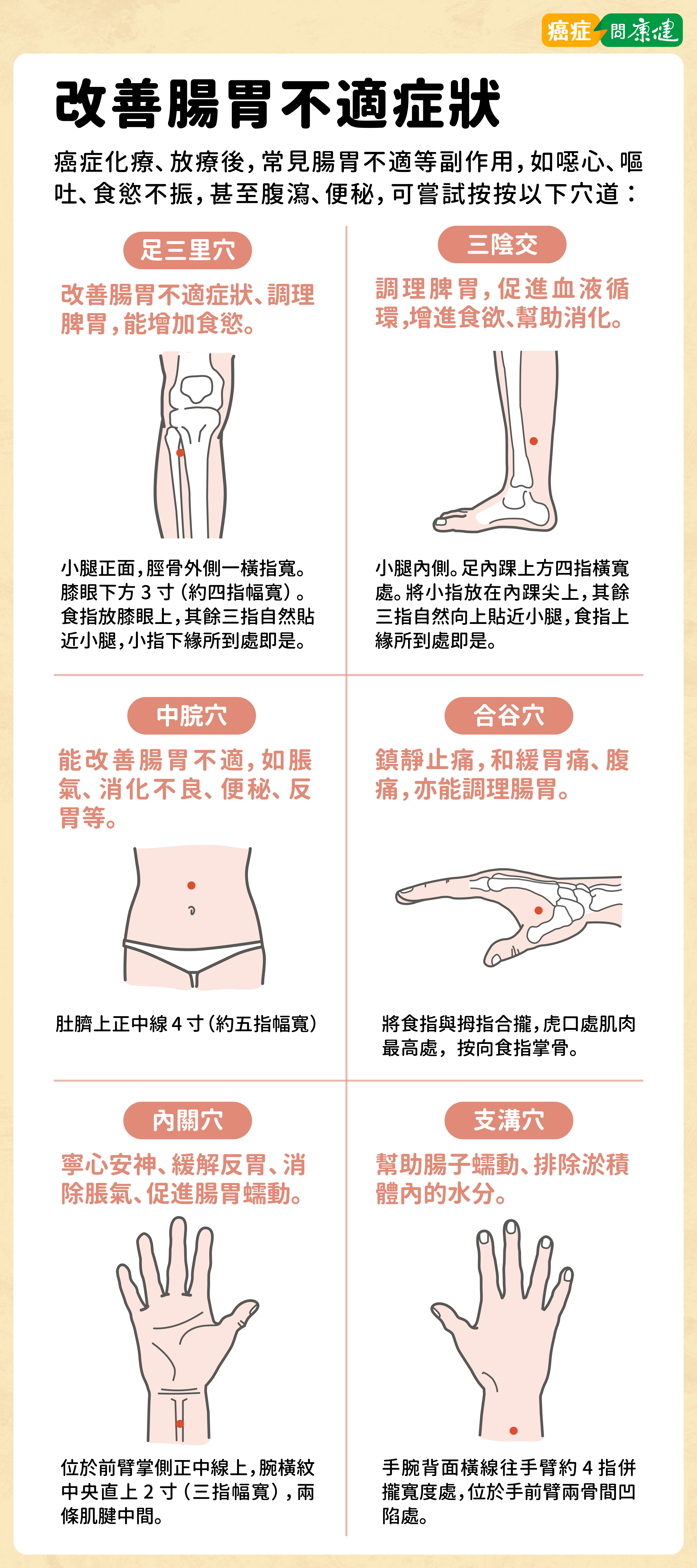 癌症化療、放療後,常見腸胃不適等副作用,如噁心、嘔吐、食慾不振,甚至腹瀉、便秘,可嘗試按摩足三里穴、三陰交、中脘穴、合谷穴、內關穴、支溝穴